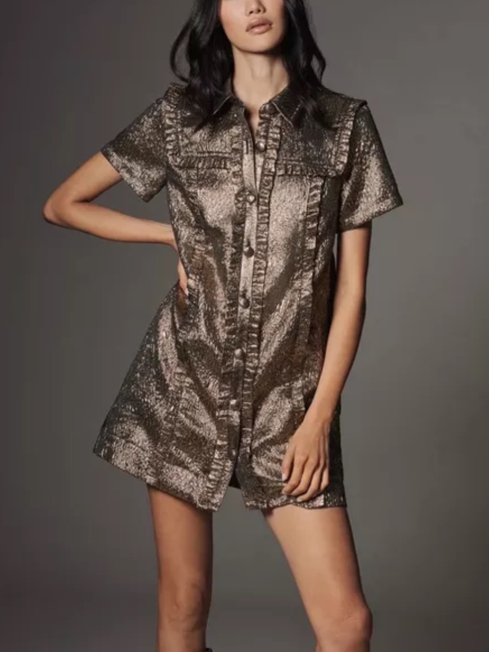 Anthropologie Gold Metallic Brocade Short Sleeve Women's Mini Dress Medium